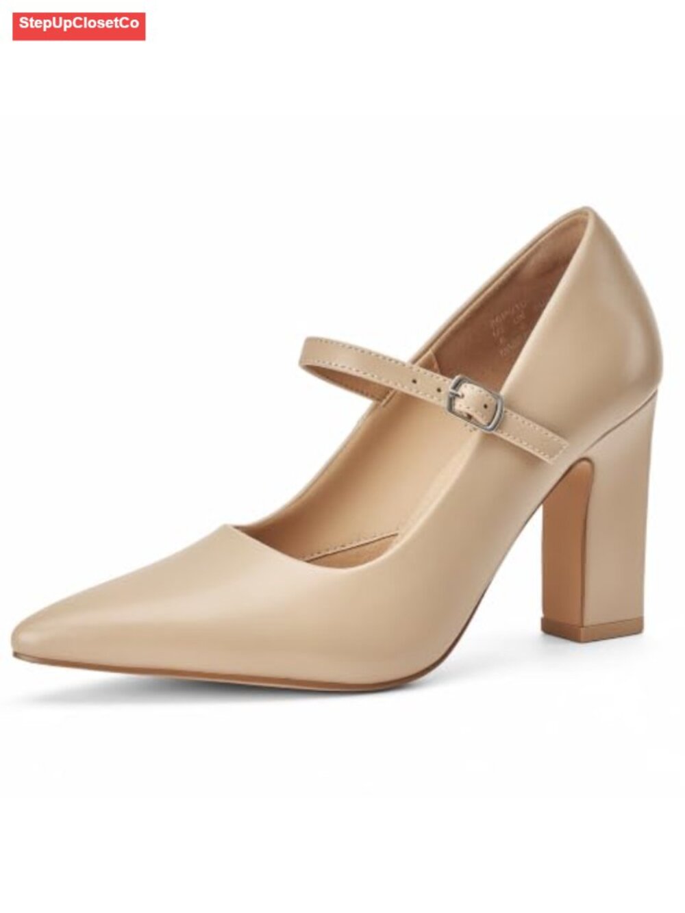 Mary Jane Pointed Toe Block Heel Pumps with Buckle Strap